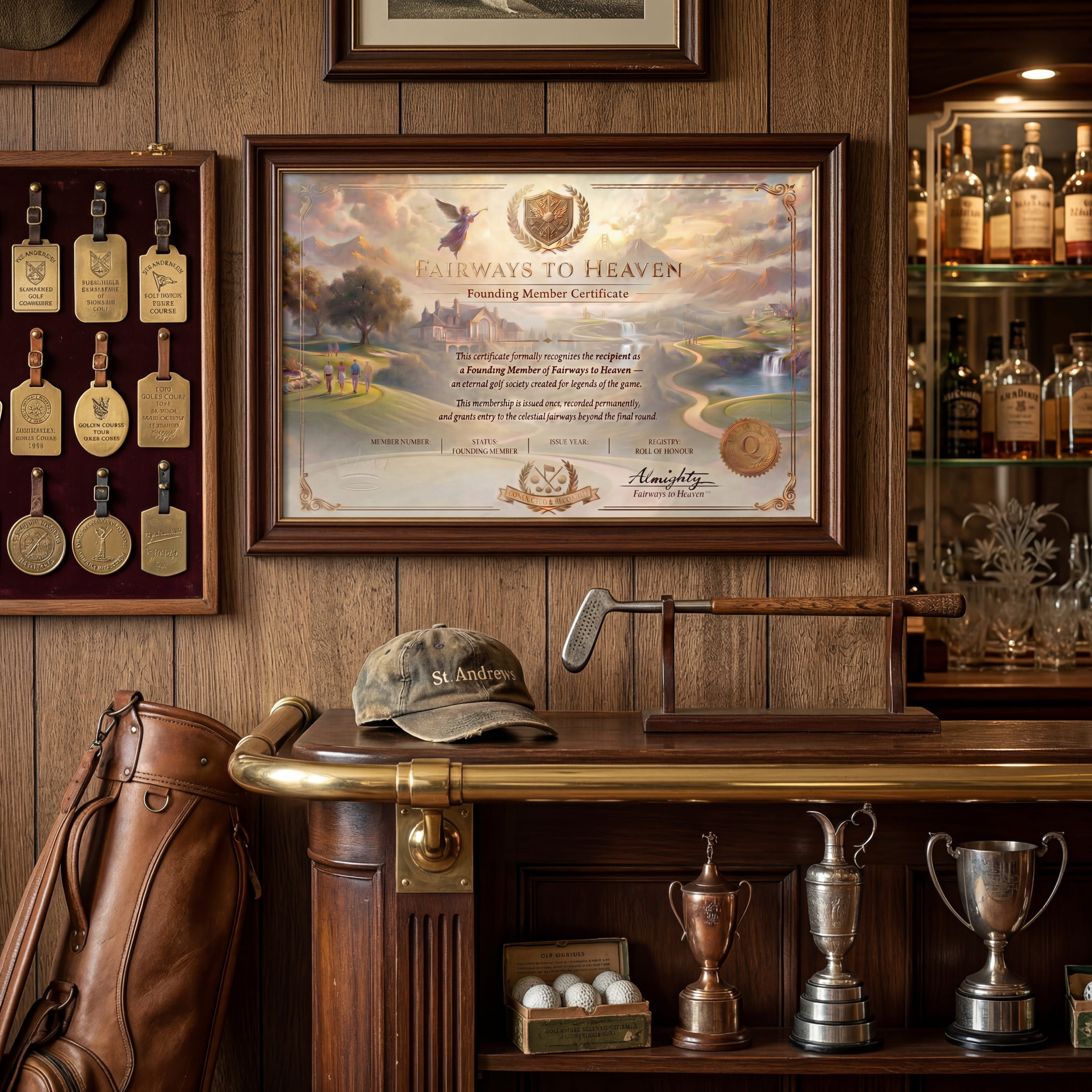 Fairways to Heaven certificate framed and displayed in a classic golf bar alongside trophies and memorabilia